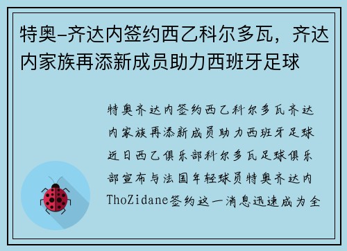特奥-齐达内签约西乙科尔多瓦，齐达内家族再添新成员助力西班牙足球