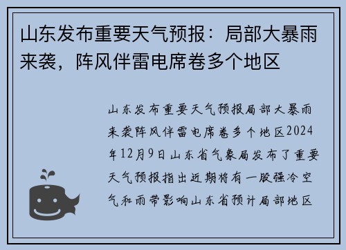 山东发布重要天气预报：局部大暴雨来袭，阵风伴雷电席卷多个地区