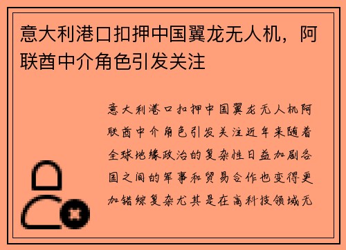 意大利港口扣押中国翼龙无人机，阿联酋中介角色引发关注