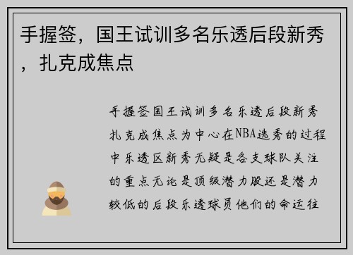 手握签，国王试训多名乐透后段新秀，扎克成焦点