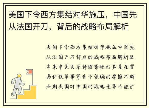 美国下令西方集结对华施压，中国先从法国开刀，背后的战略布局解析