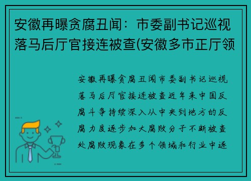 安徽再曝贪腐丑闻：市委副书记巡视落马后厅官接连被查(安徽多市正厅领导调整)