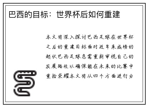 巴西的目标：世界杯后如何重建