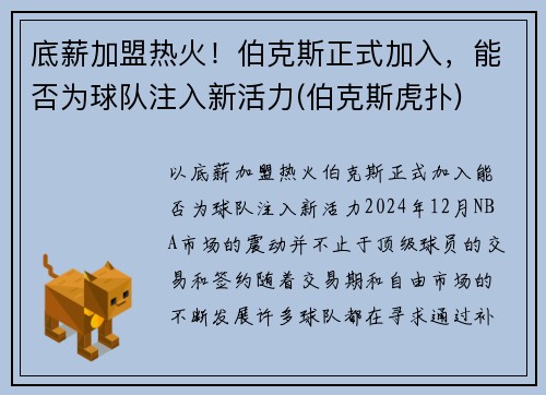 底薪加盟热火！伯克斯正式加入，能否为球队注入新活力(伯克斯虎扑)