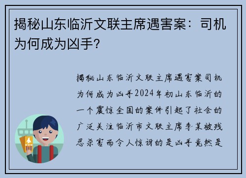 揭秘山东临沂文联主席遇害案：司机为何成为凶手？