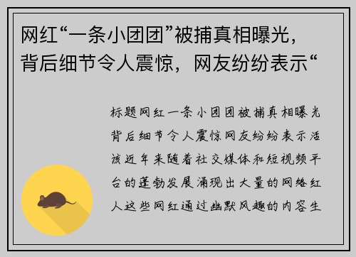 网红“一条小团团”被捕真相曝光，背后细节令人震惊，网友纷纷表示“活该”
