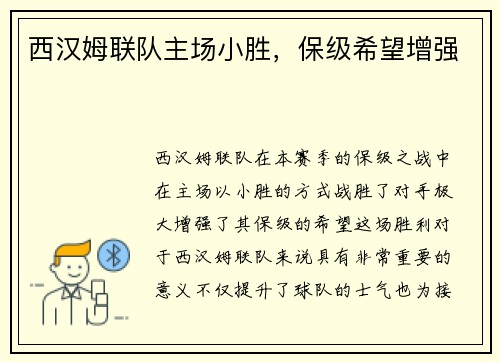 西汉姆联队主场小胜，保级希望增强